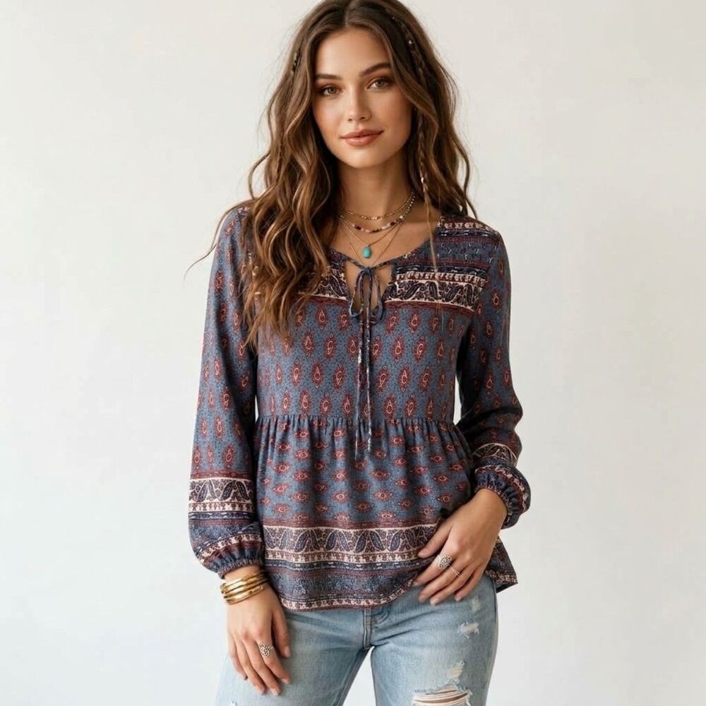 Bohemian Printed Peplum Blue Multicolored Babydoll Tunic Blouse Size L